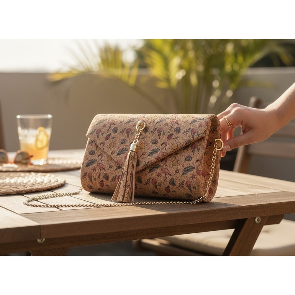 Floral Flamingo Print Cork Envelope Crossbody Bag with Gold Chain and Tassel